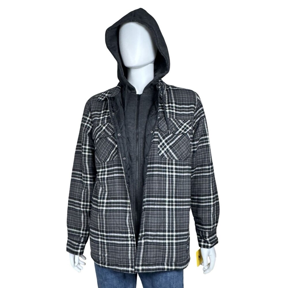 Eddie Bauer Mens Medium Shirt Jacket Hooded Black Plaid Quilted Lined Flannel